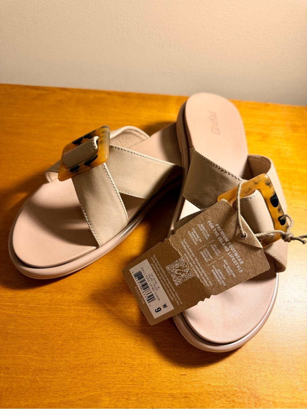 OluKai La'i Beige Slide Sandals with Tortoiseshell Buckle - Picture 2 of 5